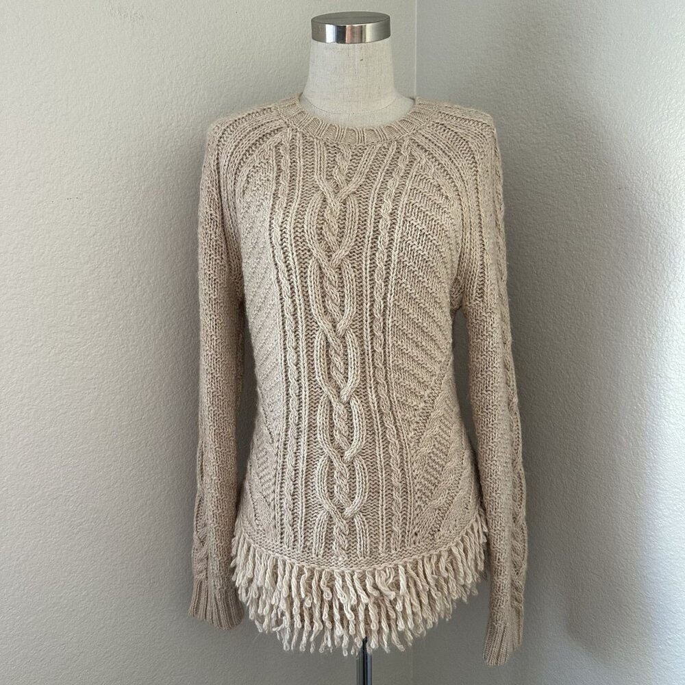 Banana Republic Cream Cable Knit Fringe Crewneck Sweater